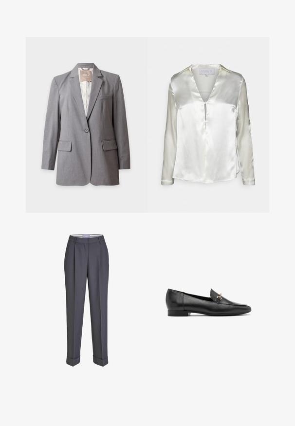 Skræddersyet lysegrå blazer med enkelt knap, indsnit og klaplommer, vist på en ensfarvet hvid baggrund.; STUDIO ID ALYSSA - Bluse - champagne; Mørkegrå skræddersyede bukser med lige ben, plisseret for og opsmøgte manchetter. Lavet af glat stof med en klassisk talje.; Sorte læder loafers med flad hæl, spids snude og en lille guldhardware detalje foran. Glat struktur og minimalistisk design.