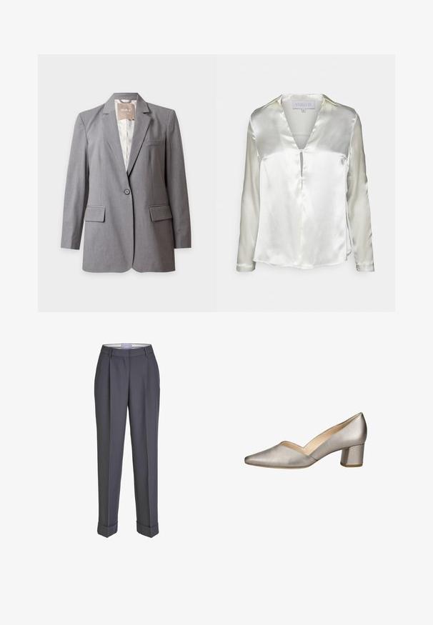Blazer gris claro a medida con un solo botón, solapas con muesca y bolsillos con solapa, presentado sobre un fondo blanco liso.; STUDIO ID ALYSSA - Blusa - champagne; Pantalones de traje gris oscuro con un diseño de pierna recta, frente plisado y puños doblados. Fabricados con una tela suave, presentan una cinturilla clásica.; Zapato de mujer de cuero plateado metálico con tacón bajo de bloque, punta puntiaguda y abertura en forma de V en el lateral.
