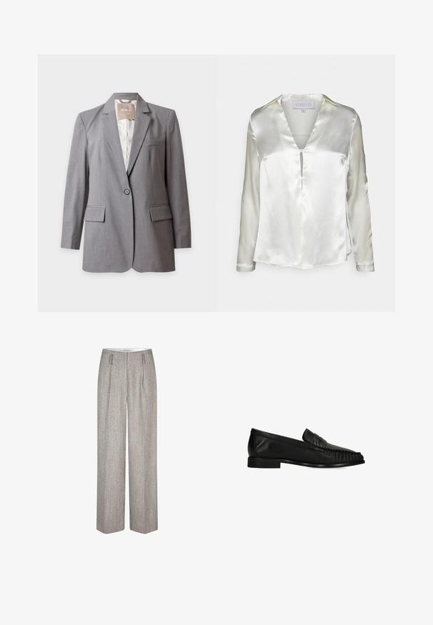 Lichtgrijze op maat gemaakte blazer met één knoop, met inkeping revers en klepzakken, weergegeven op een effen witte achtergrond.; STUDIO ID ALYSSA - Blouse - champagne; Second Female JUN - Broek - trench coat; Zwarte leren loafer met lage hak en doorgestikte details langs de voorkant en zijkanten, gezien vanaf de buitenkant.