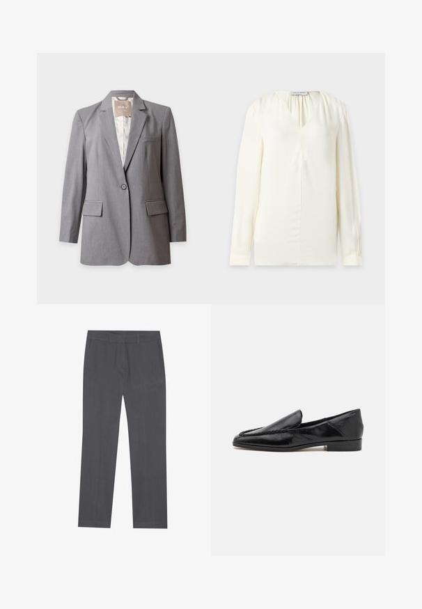 Veste grise claire sur-mesure à un bouton, avec revers crantés et poches à rabat, présentée sur un fond blanc uni.; Blouse à manches longues de couleur crème avec col en V et plis discrets près de l'encolure, présentée sur un fond uni.; Pantalon gris en tissu lisse, présentant une coupe droite, des poches avant et une taille avec passants de ceinture.; Mocassins en cuir noir avec une finition lisse, dotés d'un design cousu le long du bord avant et d'un petit talon carré.