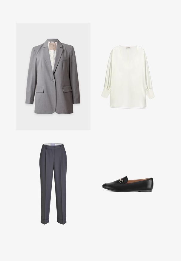 Lichtgrijze op maat gemaakte blazer met één knoop, met inkeping revers en klepzakken, weergegeven op een effen witte achtergrond.; Witte satijnen blouse met een diepe V-hals, lange pofmouwen en een rechte zoom. De stof heeft een gladde, glanzende textuur.; Donkergrijze op maat gemaakte broek met een recht gesneden ontwerp, geplooid voorpand en omslagmanchetten. Gemaakt van soepel materiaal, met een klassieke tailleband.; Zwarte leren loafer met een gladde textuur, spits toelopende neus, lage hak en een decoratief gouden gespsdetail aan de voorkant.