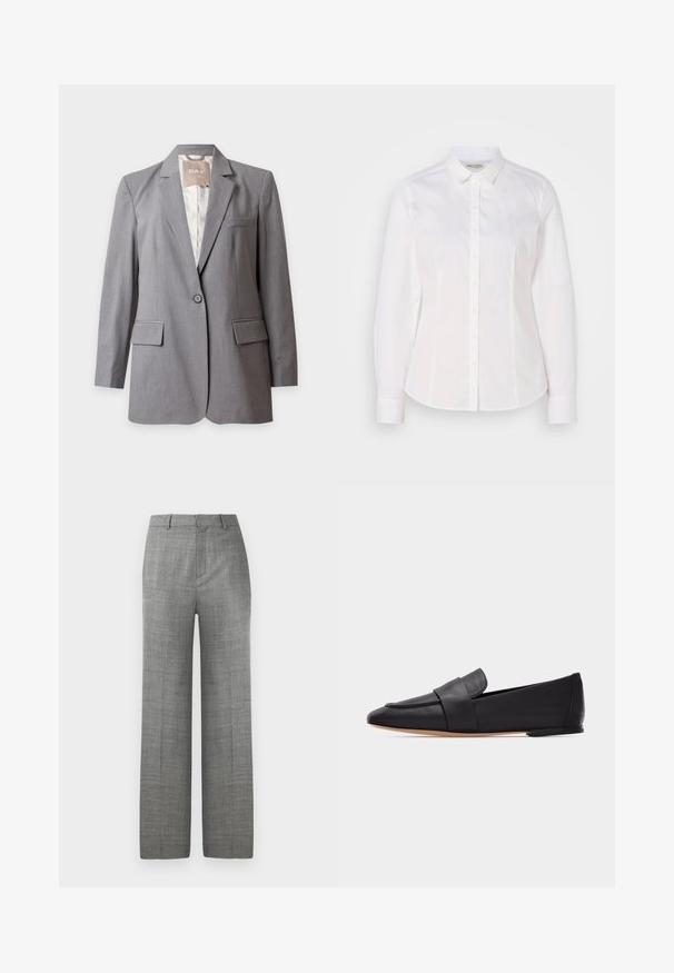 Veste grise claire sur-mesure à un bouton, avec revers crantés et poches à rabat, présentée sur un fond blanc uni.; Chemise blanche à boutons fabriquée en coton lisse, avec un col classique, des manches longues et un logo subtil sur la poitrine. Présente une fermeture à boutons sur le devant.; Pantalons larges gris sur mesure avec passants de ceinture et pression à l'avant sur fond blanc, adaptés pour une tenue formelle ou professionnelle.; Mocassin plat en cuir noir avec bout pointu, large bride à l'avant et semelle marron clair, présenté de profil sur fond blanc.