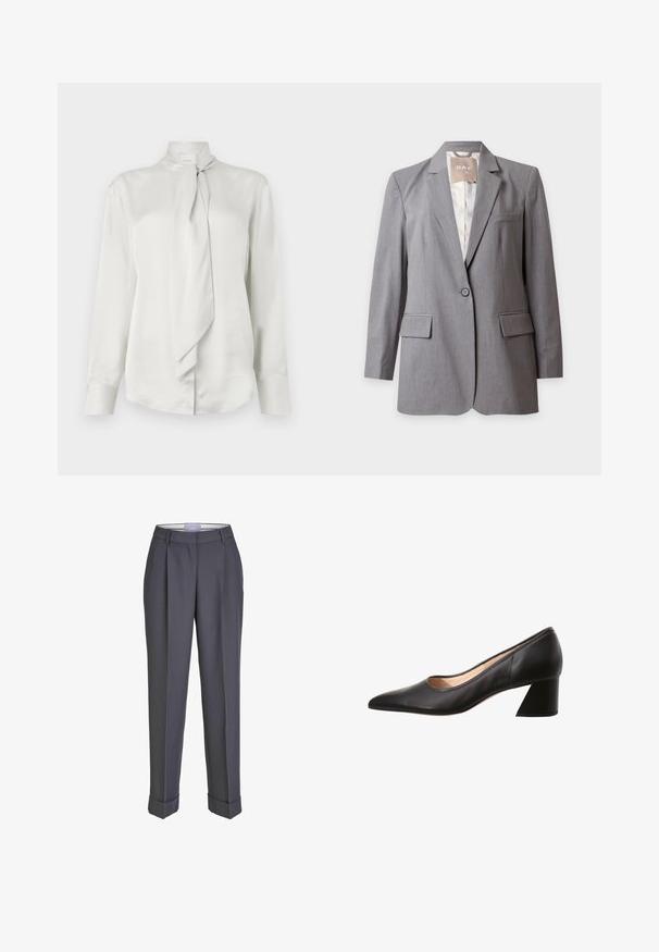 Skræddersyet lysegrå blazer med enkelt knap, indsnit og klaplommer, vist på en ensfarvet hvid baggrund.; Hvid langærmet bluse med høj krave og en foran knyttet tørklæde-detail, fremstillet af et glat satinlignende stof.; Mørkegrå skræddersyede bukser med lige ben, plisseret for og opsmøgte manchetter. Lavet af glat stof med en klassisk talje.; Sort læder damesko med spids tå og lav blokhæl, beige indvendig foring, vist fra siden på hvid baggrund.