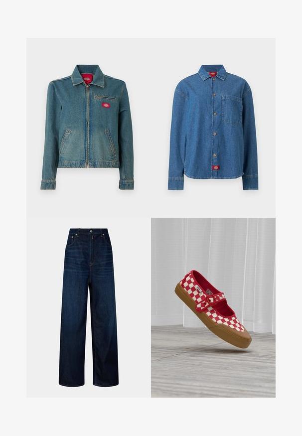 Chaqueta azul de mezclilla con cremallera, cuello, dos bolsillos laterales y un bolsillo en el pecho con cremallera que presenta un parche de logo rojo.; Camisa de mezclilla azul de manga larga con botones frontales, un bolsillo en el pecho del lado izquierdo y una etiqueta de logo roja en el dobladillo inferior.; Jeans de tiro alto, de pierna ancha y de color azul oscuro, con bolsillos frontales, botón y cierre de cremallera, exhibidos sobre un fondo liso.; Zapato tipo slip-on de tablero de ajedrez rojo y blanco con suela de goma marrón y correa con hebilla roja, flotando sobre un suelo de madera con cortinas blancas detrás.