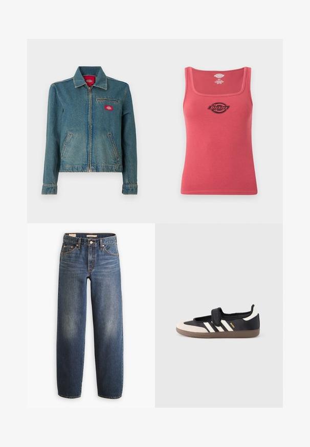 Blaue Jeansjacke mit Reißverschluss, Kragen, zwei Seitentaschen und einer Brusttasche mit Reißverschluss, die ein rotes Logo-Patch trägt.; Rotes, geripptes Tanktop mit quadratischem Ausschnitt und schwarzem Dickies-Logo in der Mitte der Brust, Größe S.; Dunkelblaue Jeans aus Denim mit geradem Bein, ausgestattet mit fünf Taschen, Kupfernieten und dezenten Verwaschungen an den Oberschenkeln.; Schwarzer und beiger Sneaker mit Klettverschluss, drei weißen Streifen an der Seite und einer strukturierten braunen Gummisohle. Markenlogo sichtbar.