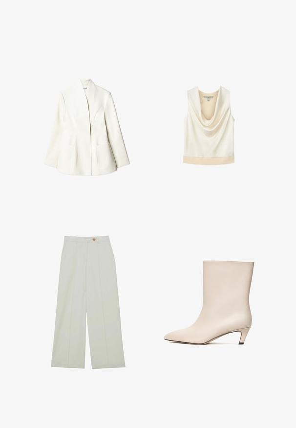 NA-KD Blazer - white; Mouwloos crème satijnen topje met watervalhals en een geribbelde structuur aan de binnenkant van de kraag, met een bredere beige band aan de zoom.; Lichte crèmekleurige wijde broek met knoopsluiting, voorplooien en zijzakken, gemaakt van een gladde stof.; Beige leren enkelboot met een pointed toe en een conische hak. Gladde textuur met minimale stiknaden en een slanke silhouet.