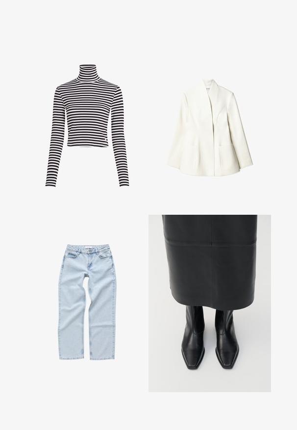 NA-KD Bleiseri - white; Topp med svart-hvite striper og høy hals, lange ermer og cropped design, laget av ribbet materiale. Har en liten merke-logo ved sømmen.; Vaaleansiniset farkut suoralla lahkeella, etupoktilla ja tavallisella napin sulkemisella. Ominaisuuksina näkyvä ompelutyö.; Musta nahkasaapas korkean nilkan kanssa, neliökärkinen muotoilu ja sivuvetoketju. Sileä pinta ja minimoitu varuste; yhdistetty mustaan nahkahameeseen.