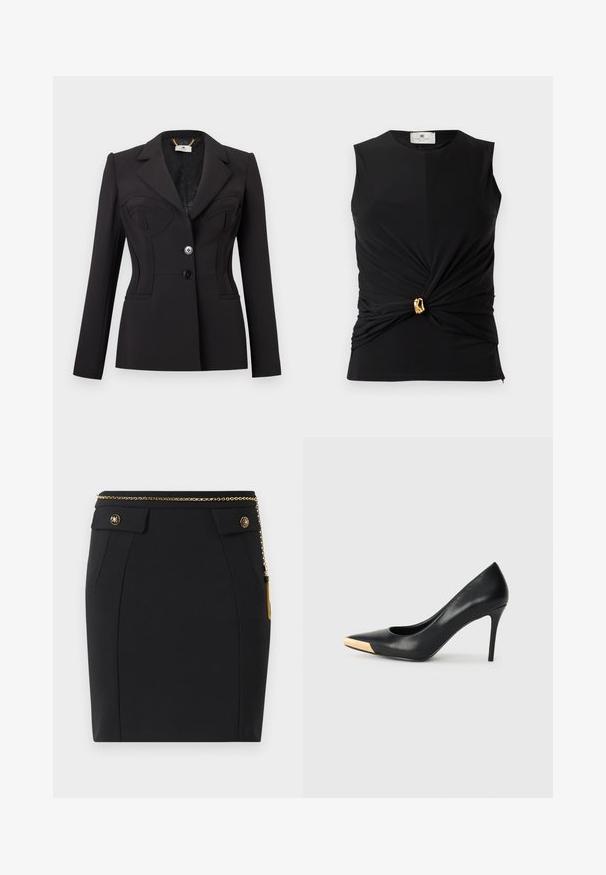 Sort skræddersyet blazer med lange ærmer, to knapper foran, strukturerede brystdetaljer og reverskrave med hakket notch.; Sort ærmeløs top med draperet stof, der har en snoet front og en gulddetalje ved taljen. Glat tekstur og tætsiddende design.; Sort tætsiddende nederdel med forlommer, dekorative guldknapper og et tyndt guldkjedebælte med en kvast på højre side.; Sort læder stiletter med spids tå; har et metalisk guldakcent på tåkapperne. Glat overflade med et strømlinet design.