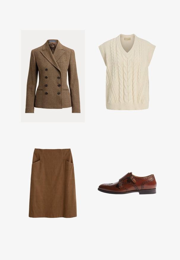 Veste en tweed marron à motif pied-de-poule avec un devant croisé, des revers à pointes et des boutons noirs, dotée d'une seule poche poitrine.; Gilet sans manches en tricot couleur crème avec motif torsadé et col en V.; Jupe en coton brun avec une taille ajustée, deux poches latérales et une coupe droite. Le tissu a une texture douce et un subtil éclat.; Scarosso KATE BLUE - Derbies - brown