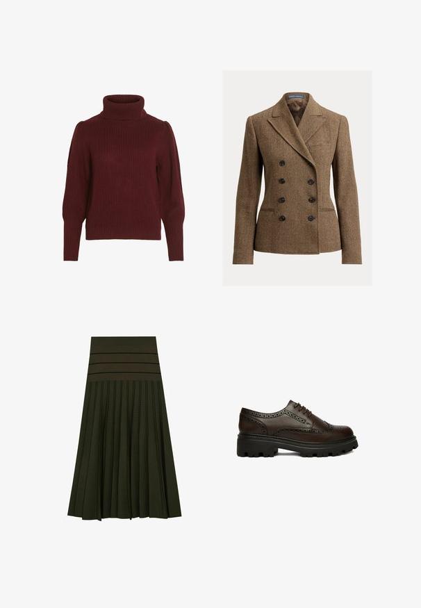 Brun tweedblazer med hundetandsmønster, dobbeltknappet front, spidse revers og sorte knapper, med en enkelt brystlomme.; Bordeaux strikket sweater med høj krave, ribbet tekstur, lange ærmer og samlet detaljer på skuldrene.; Mørkegrøn plisseret midinederdel med bred elastik i taljen og tre tynde, horisontale sorte striber near toppen.; Mørkebrun læder brogue sko med perforerede detaljer og tyk sort rillesål, set fra siden på hvid baggrund.