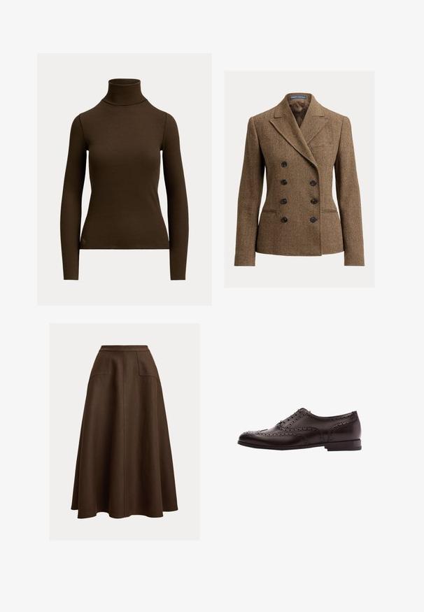Brun tweedblazer med hundetandsmønster, dobbeltknappet front, spidse revers og sorte knapper, med en enkelt brystlomme.; Mørkebrunt langærmet ribstrikket polotrøje med tætsiddende silhuet og lille logo nær den nederste kant foran på venstre side.; Brun linned A-formet nederdel med høj talje, der har to forlommer og en glat tekstur, som falder under knæet.; Brune læder dress sko med brogue-detaljer, snørebånds lukning, rund tå og en lav stablet hæl. Poleret finish og indviklede perforeringer.