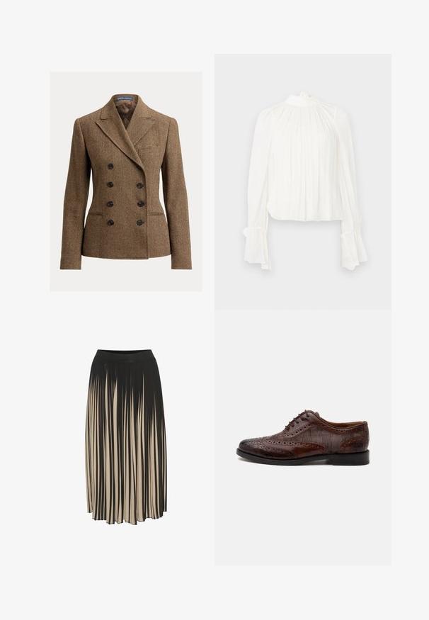 Brun tweedblazer med hundetandsmønster, dobbeltknappet front, spidse revers og sorte knapper, med en enkelt brystlomme.; Hvid bluse med lange, udflared ærmer og høj hals. Har bløde plisseringer over hele fronten og en samlet afslutning ved manchetterne.; Fald midi med plissering i sort og beige med høj elastisk talje, der har lodrette striber og en strømlinet design, der giver bevægelse.; Brun læder herre wingtip selskabssko med brogue-detaljer og ternede stofsider, vist fra siden på en hvid baggrund.