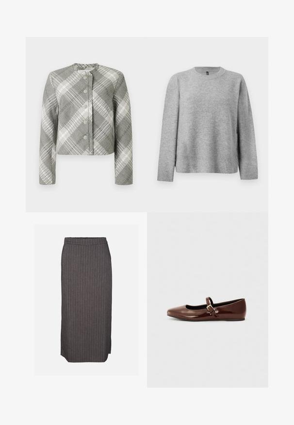 Chaqueta corta en un patrón de cuadros gris y blanco, con un escote redondo, mangas largas y cinco botones decorativos en la parte delantera.; Suéter gris de punto con cuello redondo, dobladillo acanalado y botones laterales para un detalle adicional. Textura suave y corte holgado.; Falda lápiz gris oscuro con finas rayas blancas verticales y una pequeña abertura lateral sobre un fondo liso.; Bailarina de charol marrón con punta cuadrada y tira que presenta una pequeña hebilla dorada. Textura suave, tacón bajo y diseño minimalista.