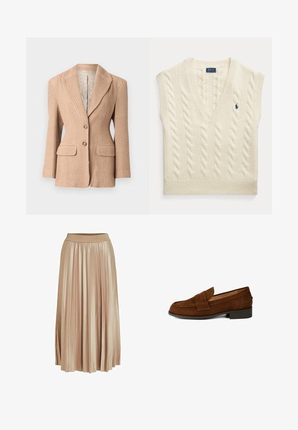 Blazer beige, texturé, avec un motif tissé, à revers cranté, deux poches avant et deux boutons. Intérieur doublé de couleur claire.; Gilet sans manches en maille torsadée couleur crème avec col en V et petit logo Polo Ralph Lauren bleu foncé sur la poitrine.; Jupe midi plissée en satin beige clair. Dotée d'une large taille élastique et de plis verticaux élégants sur toute sa longueur.; Mocassin en daim marron avec un bout arrondi, une sangle décorative et un petit talon carré ; la texture lisse et les lignes épurées définissent le design.