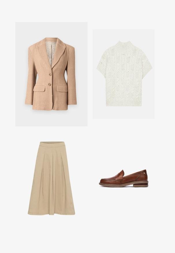 Blazer beige de textura con un patrón tejido, solapa muesca, dos bolsillos frontales y dos botones. Interior forrado en un tono claro.; Anna Field by Zalando Jersey de punto - mottled light grey; Falda plisada beige con una textura suave, diseño hasta las rodillas y una cinturilla ajustada. Fabricada en un tejido ligero con detalles de costura sutiles.; Mocasín de cuero marrón con detalles de costura, un tacón bajo y una suela de goma texturizada. Presenta un pequeño acento dorado cerca del tacón.