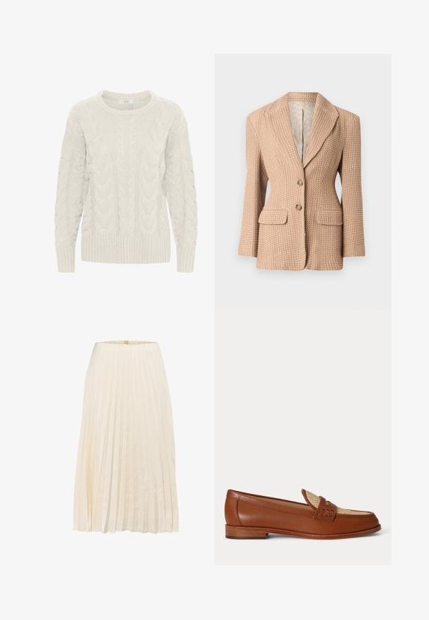 Beige, tekstureret blazer med et vævet mønster, knækket revers, to forlommer og to knapper. Fóret indvendigt i en lys farve.; Lys grå kabelstrikket sweater med rund hals, teksturerede mønstre og ribstrikkede manchetter og kant. Lavet af blødt, chunky garn.; Plisseret nederdel i cremefarvet stof, med lodrette folder og en glat tekstur, i en midlængde design og med en enkel talje.; Brun læderloafer med vævet beige panel på toppen, lavt træhæl og traditionelt penny-strap design på hvid baggrund.