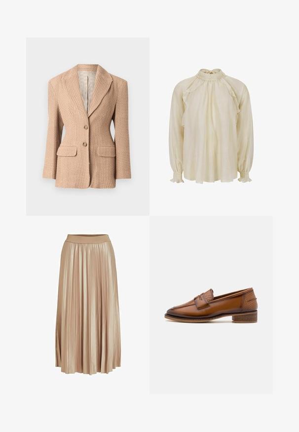 Blazer beige, texturé, avec un motif tissé, à revers cranté, deux poches avant et deux boutons. Intérieur doublé de couleur claire.; Blouse couleur crème en tissu léger, avec un col montant à volants, épaules tombantes et poignets froncés ornés de volants.; Jupe midi plissée en satin beige clair. Dotée d'une large taille élastique et de plis verticaux élégants sur toute sa longueur.; Mocassins en cuir marron avec un panneau avant tissé texturé, bout rond et petit talon empilé. Finition lisse avec des détails de couture subtils.