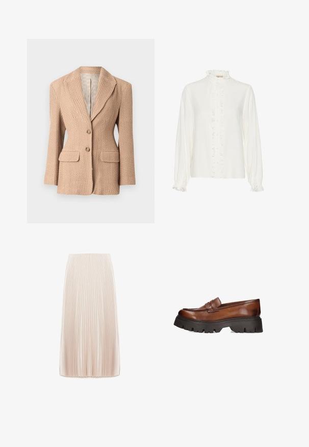 Beige, tekstureret blazer med et vævet mønster, knækket revers, to forlommer og to knapper. Fóret indvendigt i en lys farve.; Hvid bluse med flæsefront, høj hals og lange ærmer. Lavet af et glat stof med knaplukninger ned gennem midten.; Plisseret midi nederdel i en lys beige farve, fremstillet af et glat stof, med smalle lodrette plisser og en elastisk talje.; Brune læder loafers med en kraftig sort platform sål. Har en rund tå og dekorativt stropdetalje over vamps.