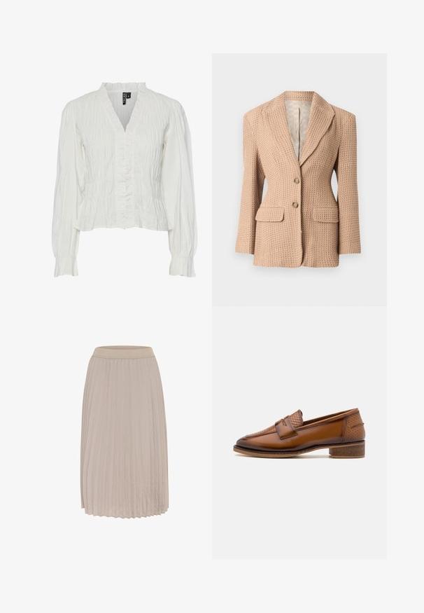 Blazer beige, texturé, avec un motif tissé, à revers cranté, deux poches avant et deux boutons. Intérieur doublé de couleur claire.; Blouse blanche en tissu froissé, avec un col en V, un devant volanté et des manches longues avec des poignets élastiques. Design texturé et léger.; Jupe plissée en beige clair, dotée d'une taille élastique et d'une texture douce, avec des plis verticaux offrant une silhouette fluide.; Mocassins en cuir marron avec un panneau avant tissé texturé, bout rond et petit talon empilé. Finition lisse avec des détails de couture subtils.