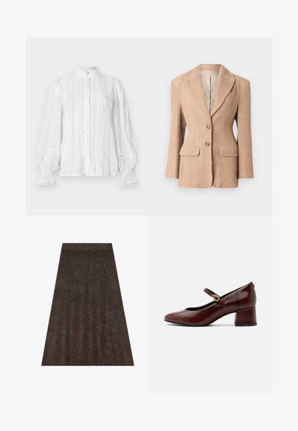 Blazer beige de textura con un patrón tejido, solapa muesca, dos bolsillos frontales y dos botones. Interior forrado en un tono claro.; Blusa blanca de botón con cuello voluminoso, rayas verticales y tejido texturizado. Presenta mangas abullonadas con elástico y adornos de encaje.; Falda de punto marrón con un diseño acampanado, cinturilla elástica y una sutil textura en toda su superficie. La tela parece suave y cálida.; Zapato Mary Jane de cuero marrón con tacón bajo y correa con hebilla dorada, vista lateral sobre fondo blanco.