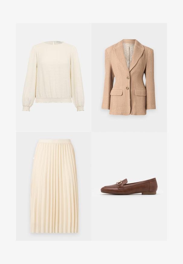 Blazer beige, texturé, avec un motif tissé, à revers cranté, deux poches avant et deux boutons. Intérieur doublé de couleur claire.; Blouse longue à manches longues couleur crème avec encolure ronde, poignets et ourlet froncés élastiqués, tissu subtilement texturé, et fermeture par boutons au dos.; Jupe midi plissée de couleur crème avec une ceinture ajustée, suspendue droite sur un fond uni.; Mocassins en cuir marron avec une semelle plate, un design surpiqué et un détail de boucle en ton doré sur la bride à travers le coup de pied.