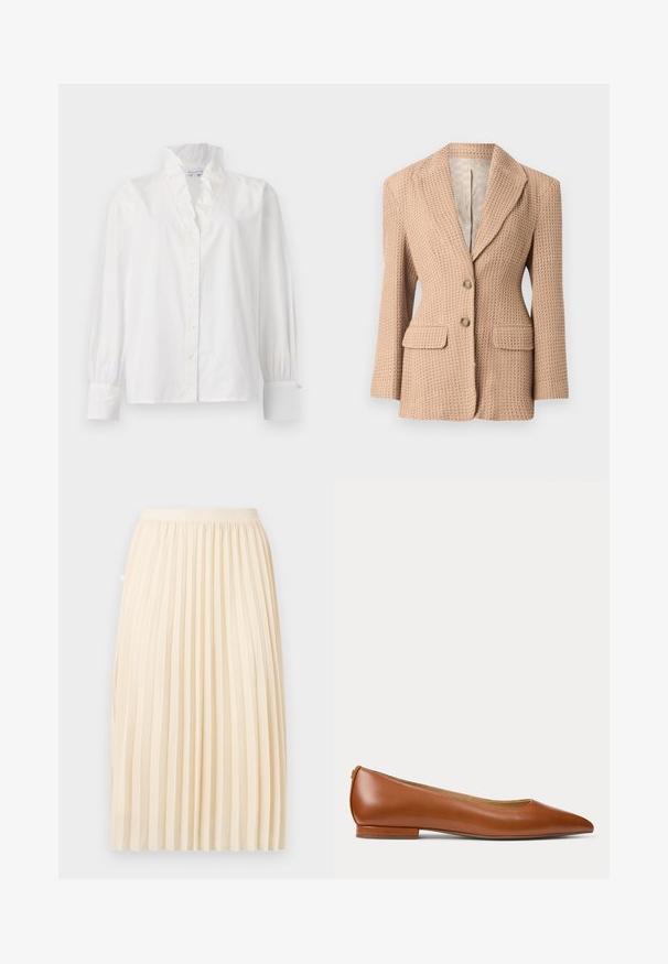 Blazer beige, texturé, avec un motif tissé, à revers cranté, deux poches avant et deux boutons. Intérieur doublé de couleur claire.; Chemisier blanc en coton avec un col volanté, des manches longues bouffantes et un devant boutonné orné de boutons ressemblant à des perles.; Jupe midi plissée de couleur crème avec une ceinture ajustée, suspendue droite sur un fond uni.; Chaussure plate en cuir marron à bout pointu, talon bas et design minimaliste sur un fond clair uni.