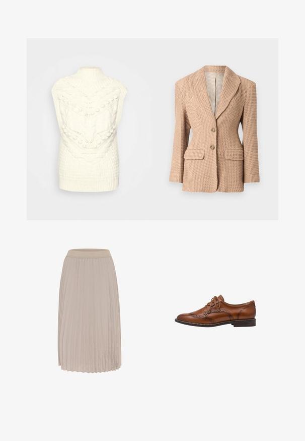 Beige, tekstureret blazer med et vævet mønster, knækket revers, to forlommer og to knapper. Fóret indvendigt i en lys farve.; Cremefarvet strikket vest med en høj ribbet krave og teksturerede mønstre, herunder kabel- og boblemønstre, der giver et hyggeligt udseende.; Plisseret nederdel i lys beige med elastisk talje og blød tekstur, prydet med lodrette folder der giver en strømmende silhuet.; Brun læder brogue oxford sko med vingetip detaljer, perforeringer, snørebånd og lav stablet hæl på hvid baggrund.