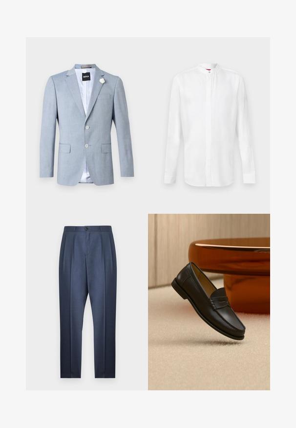 Blazer bleu clair pour homme avec col à revers cranté, deux poches avant à rabat, deux boutons, épingle fleur blanche et étiquette BOSS à l’intérieur du col.; Chemise blanche à manches longues avec col officier et patte de boutonnage cachée, présentée sur un fond clair uni.; Pantalon de costume pour homme sur mesure bleu marine avec plis avant, taille boutonnée, et jambes fuselées étroites sur fond blanc.; Chaussure mocassin en cuir noir suspendue au-dessus d’un tapis beige avec du mobilier moderne couleur ambre en arrière-plan.