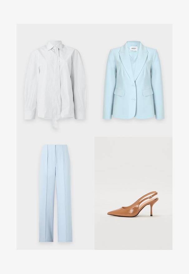 Blazer azul claro para mujer con dos botones, solapas con muesca y bolsillos con solapa, con la etiqueta "ONLY" en el interior del cuello.; Camisa blanca de manga larga con un cuello clásico y un lazo alargado en la parte delantera. Hecha de una tela suave, presenta un corte relajado y sin estampados.; Pantalones de pierna ancha de tiro alto en azul claro con pliegues delanteros y cierre de bragueta oculto sobre un fondo liso.; Zapato de tacón tipo slingback con punta afilada en un material suave y brillante de color marrón. Presenta un diseño con corte curvado y un tacón de aguja delgado. Detalle de hebilla plateada.