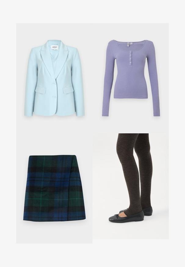 Blazer bleu clair pour femme avec deux boutons, revers crantés et poches à rabat, étiquette "ONLY" à l'intérieur du col.; T-shirt à manches longues côtelé en lavande clair, avec un décolleté arrondi et trois boutons à l'avant, présentant une silhouette ajustée et une texture douce.; Jupe à carreaux aux couleurs vert foncé, bleu et noir, avec une coupe droite et une texture douce, accompagnée d'une forme structurée.; Jambes portant des leggings côtelés foncés associés à des ballerines noires avec de petits détails en nœud sur fond blanc.