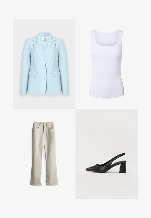 Lichtblauwe damesblazer met twee knopen, met inkeping in de revers en klepzakken, met het label "ONLY" aan de binnenkant van de kraag.; Wit mouwloos tanktop met een vierkante halslijn, aansluitend silhouet en een gladde stoftextuur.; Beige, hoog getailleerde flared jeans met een gladde textuur, vijf-pocket ontwerp en rafelige zomen aan de onderkant, gemaakt van katoen.; Zwarte leren slingback hakken met een spitse neus en een blokhak. Heeft een uitgesneden ontwerp en een gladde textuur, minimalistisch en modern.
