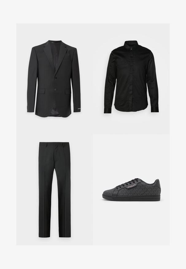 Zwart maatkostuumjasje voor heren met inkepingrevers, twee knopen aan de voorkant, voorzakken met klep en een licht glanzende voering.; Zwarte longsleeve shirt van gladde stof, met een kraag, knopen aan de voorkant en contrasterende manchetten. Geen zichtbare patronen of graphics.; Zwarte, op maat gemaakte broek met riemlussen en een voorplooi, afgebeeld tegen een lichtgrijze achtergrond.; Zwarte sneakers met een textuur bovenwerk van stof met een subtiel MK-patroon, zwarte leren accenten en een zwarte rubberen zool.