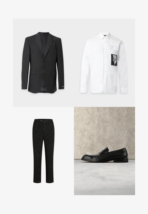 Zwart maatkostuumjasje voor heren met inkepingrevers, twee knopen aan de voorkant, voorzakken met klep en een licht glanzende voering.; Witte blouse met lange mouwen, knopen en een klassieke kraag, met een zwart-wit profielportretpatch op de linkerborst.; Zwarte op maat gemaakte broek met een gestructureerd patroon van dunne verticale witte lijnen, een rechte snit en een knoopsluiting in de taille.; Zwarte leren loafer met metalen accent, zwevend weergegeven boven een beige tapijt, met een ronde, amberkleurige tafel op de achtergrond.