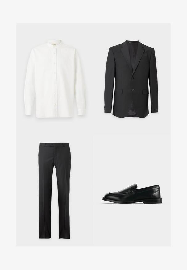 Veste de costume pour homme noire sur mesure avec revers crantés, deux boutons devant, poches à rabat devant et une doublure intérieure légèrement brillante.; CLOSED COLLARLESS SHIRT - Chemise - white; Pantalon formel noir droit avec passants de ceinture et poches latérales présenté sur fond uni.; Mocassin en cuir noir avec un petit talon, un bout arrondi et des détails cousus le long du bord supérieur.