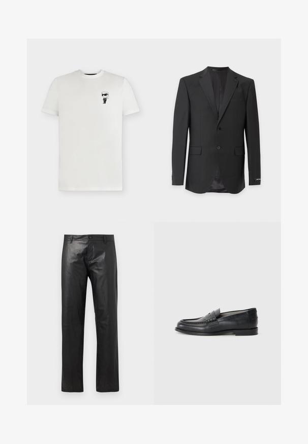 Veste de costume pour homme noire sur mesure avec revers crantés, deux boutons devant, poches à rabat devant et une doublure intérieure légèrement brillante.; T-shirt blanc à manches courtes et col rond avec une petite figure de dessin animé en noir et blanc portant des lunettes de soleil et un costume sur la poitrine gauche.; Pantalon en cuir noir à jambes droites avec bouton à l'avant et passants pour ceinture, présenté sur un fond blanc uni.; Mocassins en cuir noir avec une finition lisse, un bout rond, une sangle décorative et un design minimaliste. Présentent un petit talon carré.