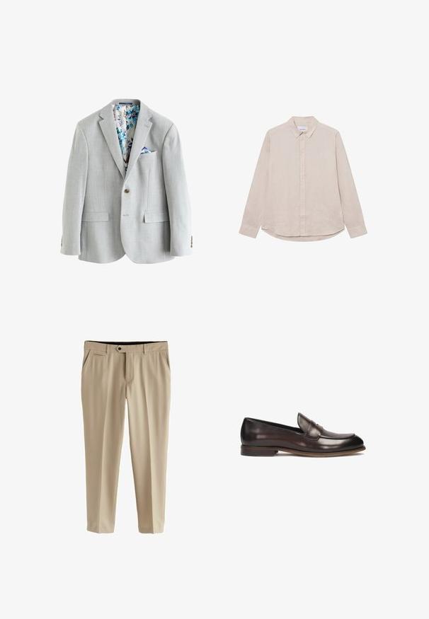 Hellgrauer Herrenblazer mit Ein-Knopf-Verschluss, Revers mit Kerb, vorderen Klappentaschen und floral gemustertem Innenfutter sowie Einstecktuch.; Beige Langarmhemd aus Leinen mit einem Button-Down-Kragen, dezentem Logo-Detail auf der Brust und abgerundetem Saum.; Beige Anzughose aus glattem Stoff. Hat eine flache Front, zwei seitliche Taschen und einen Knopfverschluss mit Reißverschluss.; Dunkelbraune Lederloafers mit abgerundeter Spitze, erhobenem Steppdetail und leichtem Absatz. Glatte Textur und klassisches Design.