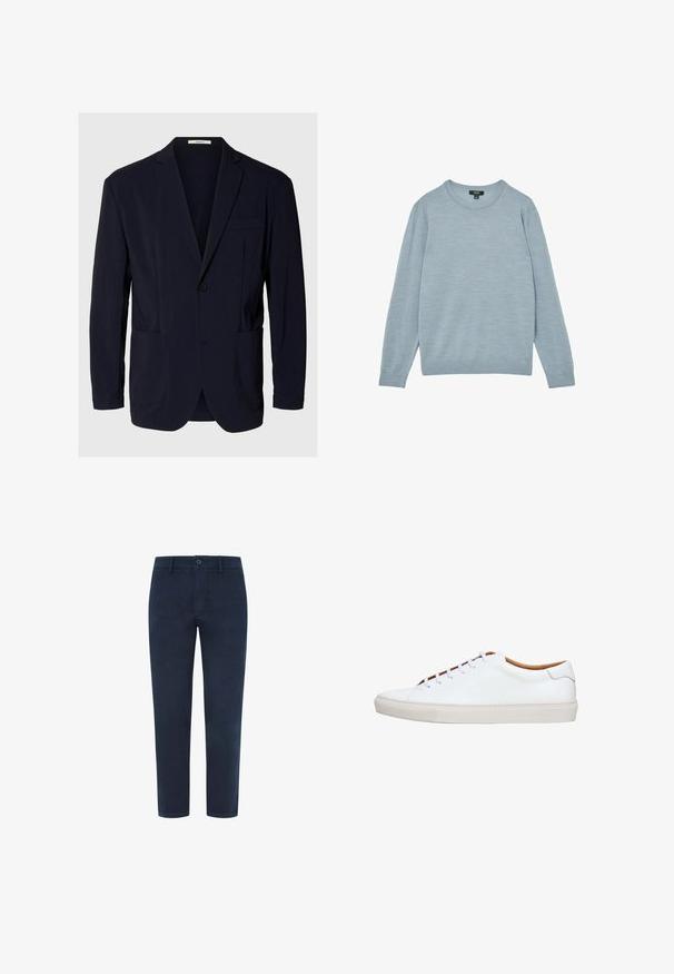 Blazer bleu marine à un bouton avec revers crantés, deux poches plaquées inférieures et une poche poitrine, présenté sur un fond uni.; Pull bleu clair en tissu doux, doté d'un col rond et de manches longues. Design minimaliste avec des poignets et un ourlet côtelés.; Chinos en coton bleu marine avec fermeture à bouton, jambes droites et texture lisse. Dispose de poches latérales et d'une poche arrière.; Baskets en cuir blanc avec une semelle en caoutchouc texturée, bout rond et intérieur contrastant beige. Comprend cinq œillets et des lacets blancs.