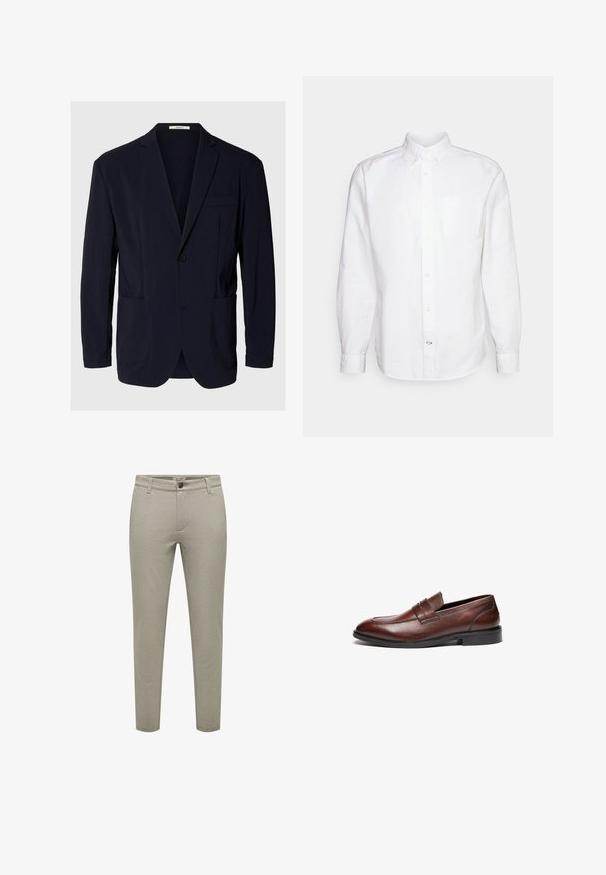 Blazer bleu marine à un bouton avec revers crantés, deux poches plaquées inférieures et une poche poitrine, présenté sur un fond uni.; GAP STANDARD OXFORD - Chemise - white; Pantalon slim beige avec passants de ceinture, fermeture bouton et zip à l'avant, et deux poches latérales.; Mocassins en cuir marron avec une finition lisse, bout arrondi, sangle décorative et semelle en caoutchouc noire. Présente un détail de coutures minimal.