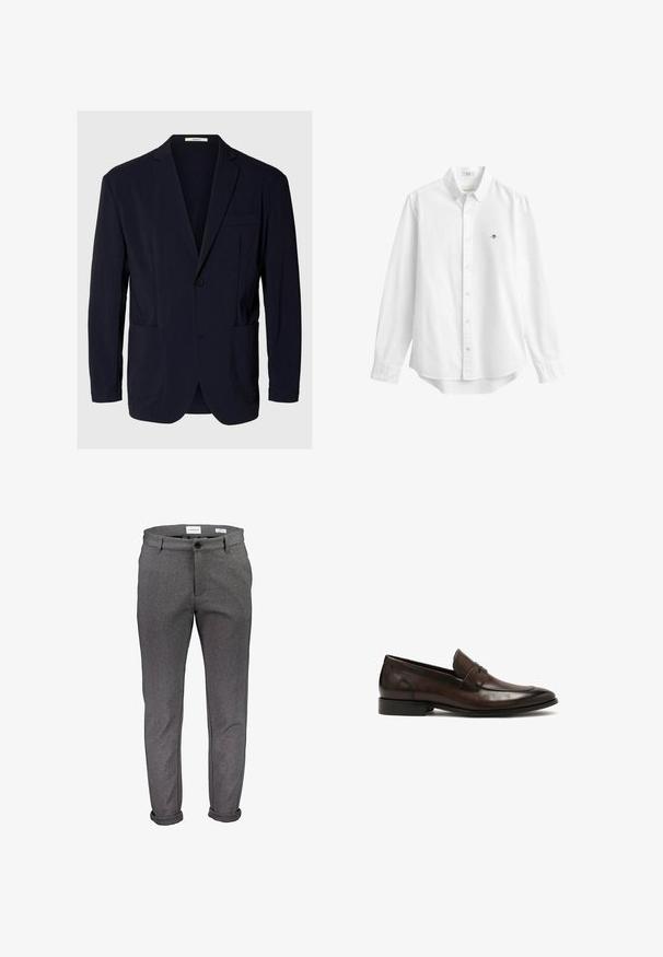 Blazer bleu marine à un bouton avec revers crantés, deux poches plaquées inférieures et une poche poitrine, présenté sur un fond uni.; Chemise blanche à manches longues boutonnée avec col et petit logo brodé sur la poitrine gauche, présentée sur un fond uni.; Pantalon en tissu gris à coupe slim, doté d'une fermeture à un bouton, de passants pour ceinture et d'ourlets retroussés. Texture lisse avec des détails de couture subtils.; Mocassins en cuir marron avec une finition lisse, un bout pointu et un accent de sangle subtil. Présente un petit talon rectangulaire.