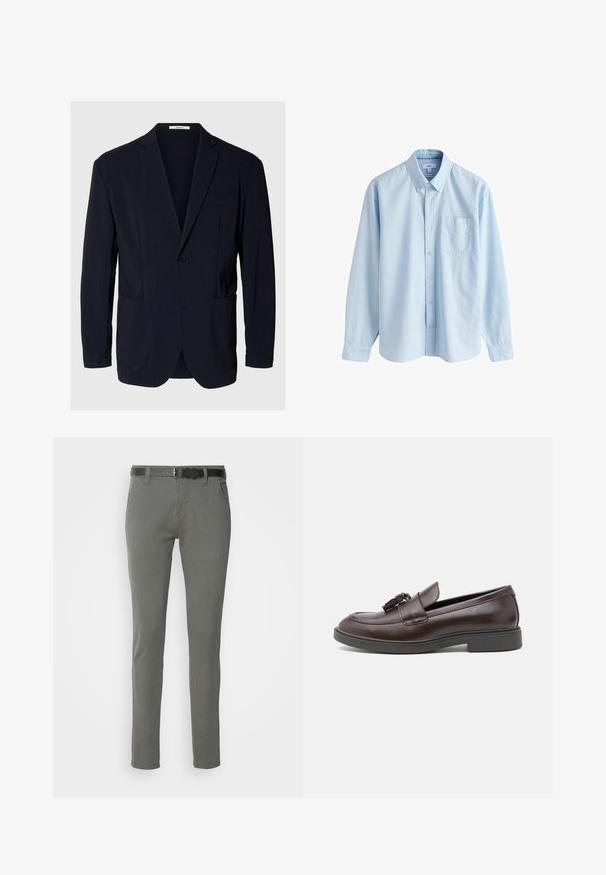 Marineblauer Blazer mit einem Knopf, mit Reverskragen, zwei unteren aufgesetzten Taschen und einer Brusttasche, auf einfarbigem Hintergrund präsentiert.; Hellblaues, langärmliges Hemd mit Knopfleiste, Kragen mit Knöpfen und Brusttasche, dargestellt auf weißem Hintergrund.; Graue Baumwollchinos mit schlanker Passform, ausgestattet mit einem schwarzen Gürtel, zwei Seitentaschen und einem schlichten Design. Weiche Textur ohne sichtbare Muster.; Braune Lederloafers mit runder Zehenpartie, einem dekorativen Quasten, gesteppten Details und einem niedrigen Gummihalter für zusätzlichen Komfort.