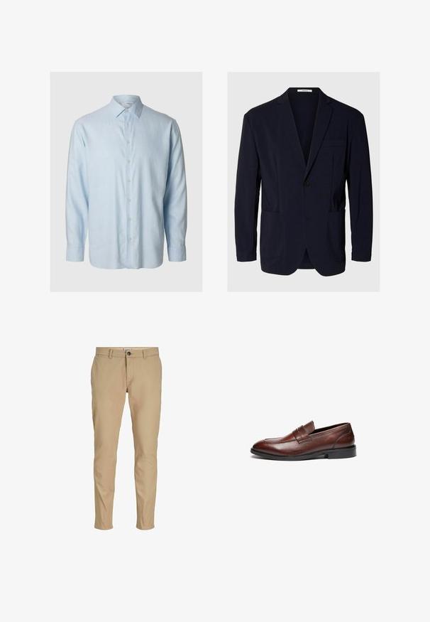 Blazer azul marino de un solo botón con solapas con muesca, dos bolsillos parche inferiores y un bolsillo en el pecho, presentado sobre un fondo liso.; Camisa de manga larga azul claro hecha de una tela suave, con un cuello clásico y un cierre frontal con botones, compuesto por seis botones a juego.; Pantalones ajustados para hombre de color beige con trabillas para cinturón, cierre frontal con botón y bolsillos laterales sobre un fondo blanco.; Mocasines de cuero marrón con un acabado suave, puntera redondeada, tira decorativa y suela de goma negra. Presentan un detalle de costura mínima.