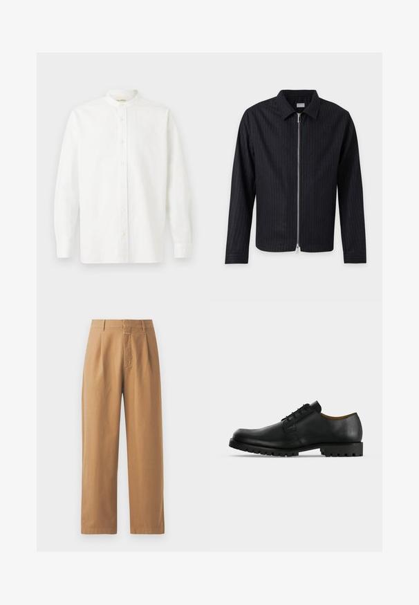 Sort jakke med lange ærmer med tynde lodrette striber, krave og en central sølvlynlås på en ensfarvet lys baggrund.; CLOSED COLLARLESS SHIRT - Skjorter - white; Brune, brede bukser lavet af glat stof. Har høj talje med folder, bæltestropper og en enkelt frontlomme.; Sort lædersko med snørebånd, tyk rillede sål og lav hæl vist på en hvid baggrund.