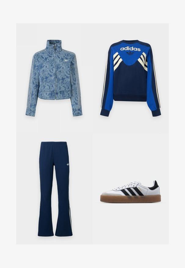 Blauwe jas met rits en een licht paisley-patroon, hoge kraag en drie gestreepte details langs de mouwen, met een klein logo op de borst.; Donkerblauwe en blauwe Adidas sweater met witte strepen op de mouwen en borst, met Adidas-logo en klaverbladontwerp aan de voorkant.; Marineblauwe geribbelde wijde trainingsbroek met witte zijstrepen en een geborduurd logo aan de linkerkant, voorzien van twee zijzakken.; Witte leren sneakers met zwarte strepen, gumrubberen buitenzool, ronde neus, vetersluiting en een zachte grijze suède neuskap.