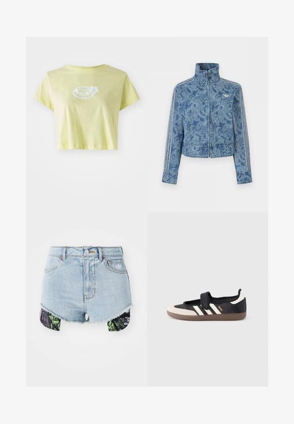 Blauwe jas met rits en een licht paisley-patroon, hoge kraag en drie gestreepte details langs de mouwen, met een klein logo op de borst.; lichtgele cropped T-shirt van katoen. Beschikt over een witte bloemenafbeelding in het midden van een hartvorm aan de voorkant.; Lichte blauwe denimshorts met een rafelzoom en kleurrijke patroonstoffen aan de zijkanten, voorzien van stedelijke beelden en texturen.; Zwart-beige sneaker met een klittenbandsluiting, drie witte strepen aan de zijkant en een getextureerde bruine rubberen zool. Merkembleem zichtbaar.