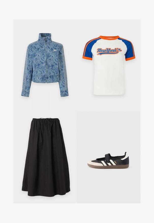 Veste bleue zippée avec un motif paisley clair, col haut, et trois détails rayés le long des manches, avec un petit logo sur la poitrine.; T-shirt blanc à manches courtes avec manches raglan bleues et accents orange, arborant un motif "NewYork" en lettres stylisées sur le devant.; Jupe midi ample noire avec taille élastique et cordon de serrage, fabriquée en tissu léger.; Baskets noires et beiges avec une bride en velcro, trois bandes blanches sur le côté, et une semelle en caoutchouc marron texturée. Logo de la marque visible.