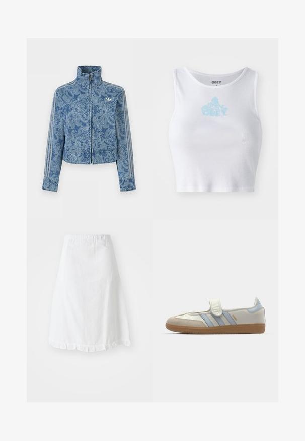 Modrá bunda na zips so svetlým vzorom paisley, vysokým golierom a tromi pruhovanými detailmi na rukávoch, s malým logom na hrudi.; Biely rebrovaný crop top s okrúhlym výstrihom a svetlomodrým logom "OBEY" umiestneným na hrudi. Hladká textúra a priliehavý strih.; Biele sukne s elastickým pásom, s textúrovaným vzorom a volánom na spodnej časti. Jednoduchý A-liner dizajn.; adidas Originals SAMBA JANE BALLERINA - Balerínky s remienkom okolo členku - cloud white/halo blue