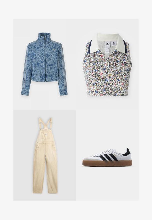 Veste bleue zippée avec un motif paisley clair, col haut, et trois détails rayés le long des manches, avec un petit logo sur la poitrine.; Top court floral avec une base blanche ornée de fleurs bleues, rouges et jaunes. Il comprend un col blanc avec des accents marine et un logo brodé.; Salopette beige clair en denim, avec une poche carrée, des bretelles réglables, des boutons-pression sur le côté et une coupe large.; Baskets en cuir blanc avec des rayures noires, semelle extérieure en caoutchouc beige, bout rond, fermeture lacée et embout en suède gris doux.