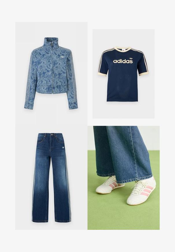 Blå fleecejakke med lynlås, lys paisley-mønster, høj krave og tre stribede detaljer langs ærmerne, med et lille logo på brystet.; Adidas mørkeblå mesh t-shirt med korte ærmer med cremefarvet kant, tre cremefarvede striber på ærmerne og Adidas-logo på brystet.; Denim bukser med brede ben, mørkeblå med lyseblå sidelister, fem-lomme design, metal knap og lynlåslukning, falmet tekstur.; Hvide sportsko med lyserøde striber, tekstureret læder og flad gummisål, parret med brede denimbukser på et grønt gulv.
