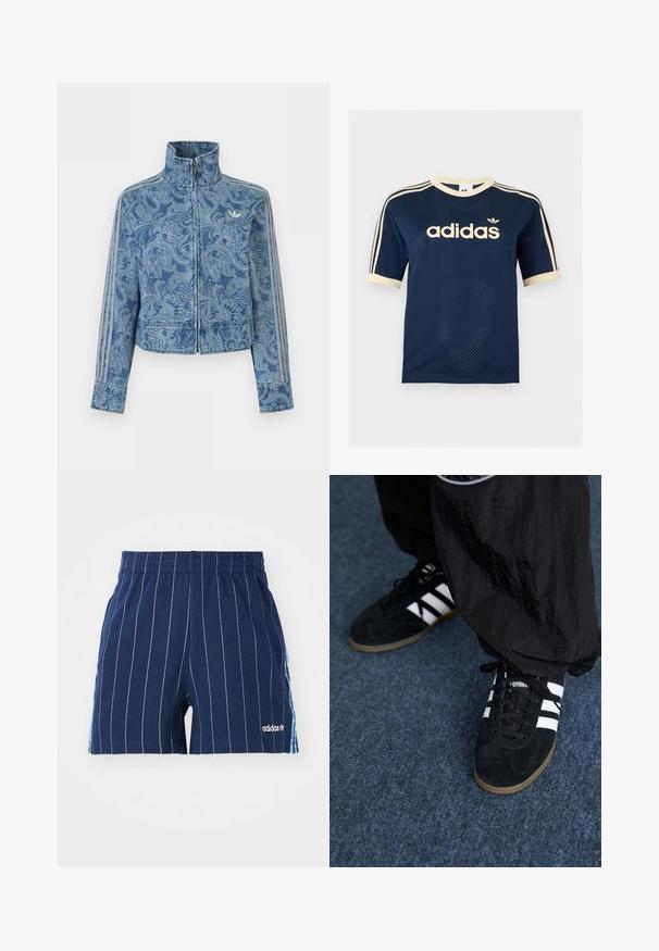 Blaues Reißverschluss-Jacke mit hellem Paisley-Muster, hohem Kragen und drei gestreiften Details entlang der Ärmel, mit kleinem Logo auf der Brust.; Marineblaues Adidas Mesh-Kurzarmshirt mit cremefarbenem Besatz, drei cremefarbenen Streifen an den Ärmeln und Adidas-Logo auf der Brust.; Dunkelblaue Shorts mit weißen Streifen, elastischem Bund und Adidas-Logo. Mit blauen Akzenten an den Seiten, aus einem Baumwoll-Mischgewebe gefertigt.; Schwarze Wildleder-Sportschuhe mit drei weißen Streifen und schwarzen Schnürsenkeln. Eine strukturierte schwarze Hose ist teilweise neben den Schuhen sichtbar.