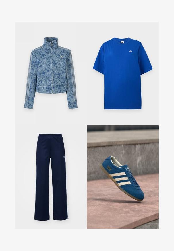Blaues Reißverschluss-Jacke mit hellem Paisley-Muster, hohem Kragen und drei gestreiften Details entlang der Ärmel, mit kleinem Logo auf der Brust.; Blaues Adidas T-Shirt mit kurzen Ärmeln und Rundhalsausschnitt mit kleinem weißem Adidas-Trefoil-Logo auf der linken Brust.; Helleblaue Baumwollmischung Trainingshosen mit weit geschnittenem Design, elastischem Bund und Reißverschlusstaschen, mit weißen Seitenstreifen und Logodetails.; Blaue Wildledersneaker mit cremefarbenen Streifen und Schnürsenkeln, Gummisohle in Karamellfarbe, strukturierte Oberfläche, abgerundete Zehenpartie und Markenlogo an der Seite.
